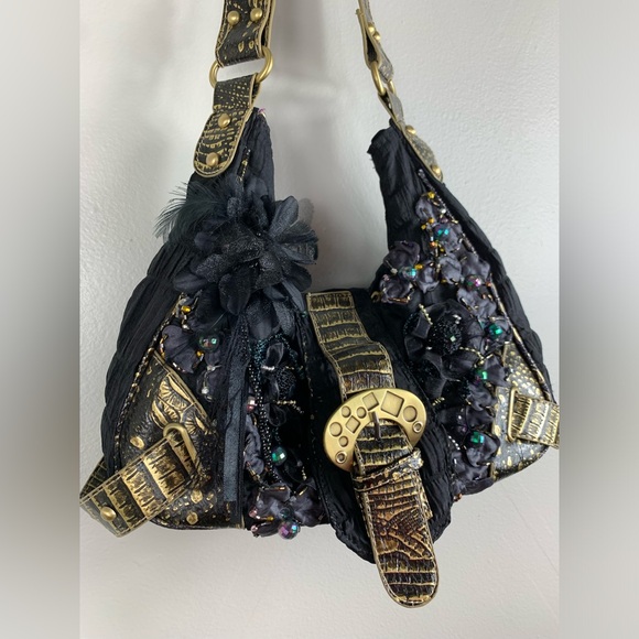 Vintage Y2K Mini Hand Black Bag with Jems, Beads and feathers | Festival… - Picture 2 of 12